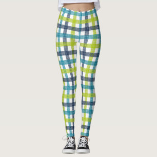 Lime Green, Navy and Turquoise Blue Plaid Leggings