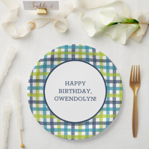 Lime Green, Navy and Turquoise Blue Plaid Paper Plate