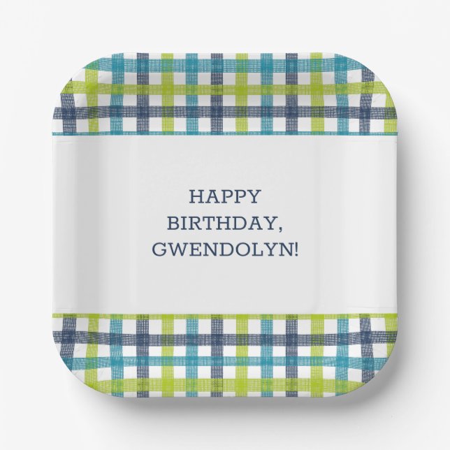 Lime Green, Navy and Turquoise Blue Plaid Paper Plate (Front)