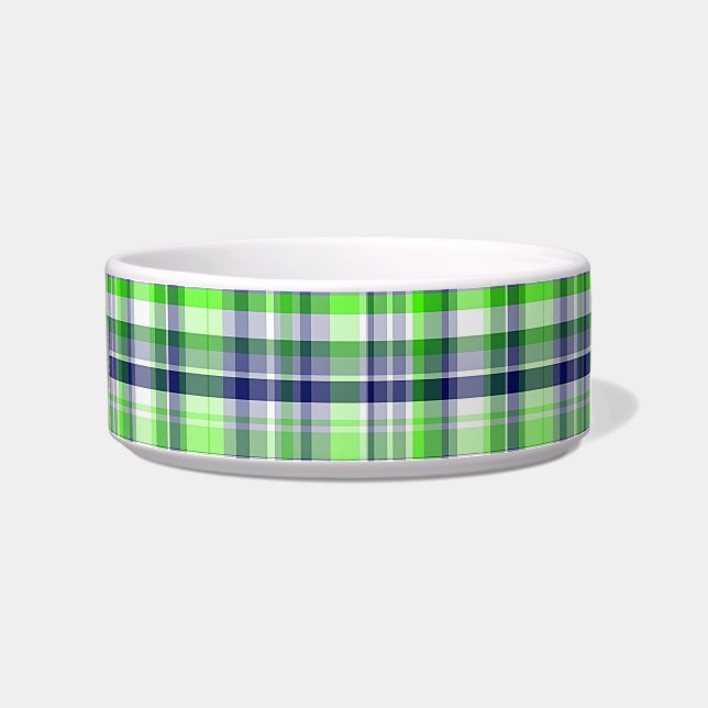 Lime Green, Navy Blue, White Preppy Madras Plaid Bowl (Right)