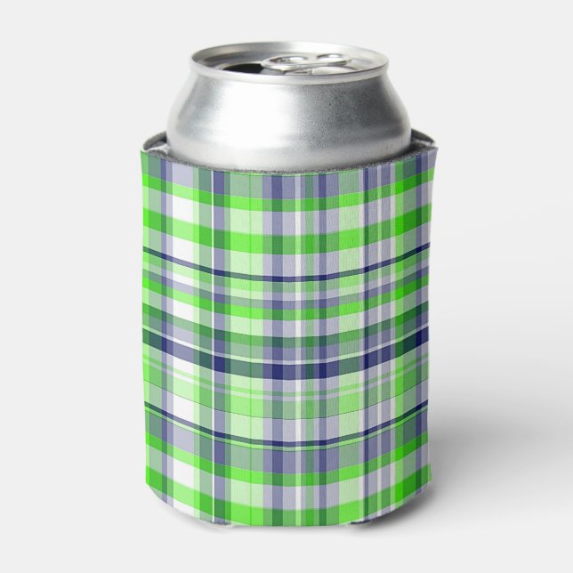 Lime Green, Navy Blue, White Preppy Madras Plaid Can Cooler (Can Front)