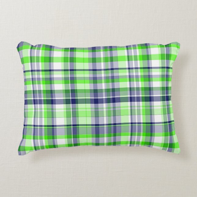 Lime Green, Navy Blue, White Preppy Madras Plaid Decorative Cushion (Front)