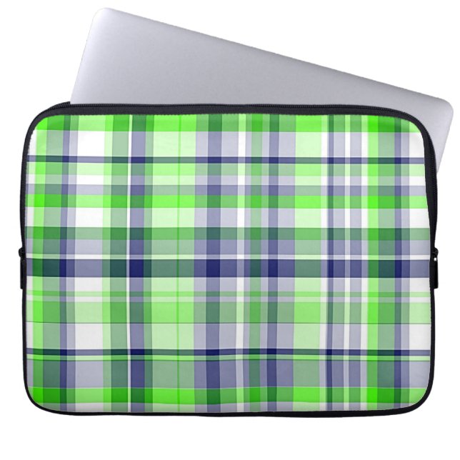 Lime Green, Navy Blue, White Preppy Madras Plaid Laptop Sleeve (Front)