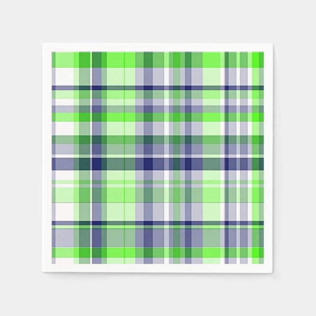 Lime Green, Navy Blue, White Preppy Madras Plaid Napkin (Front)