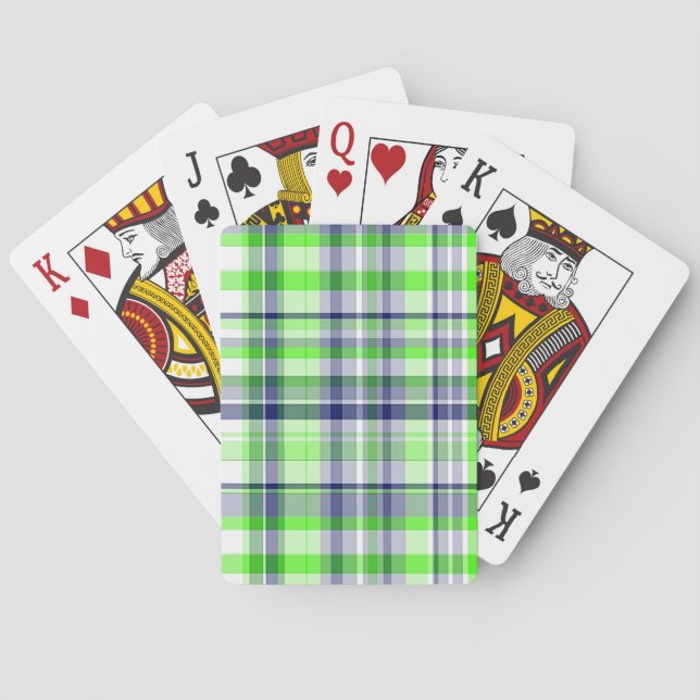 Lime Green, Navy Blue, White Preppy Madras Plaid Playing Cards (Back)