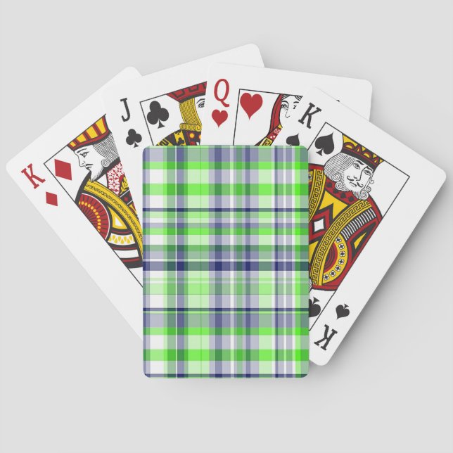 Lime Green, Navy Blue, White Preppy Madras Plaid Playing Cards (Back)