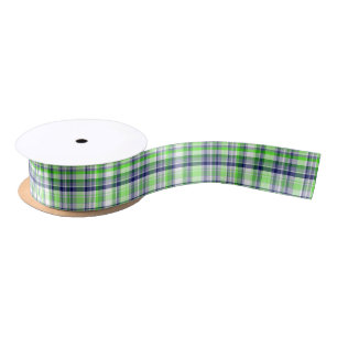 Lime Green, Navy Blue, White Preppy Madras Plaid Satin Ribbon