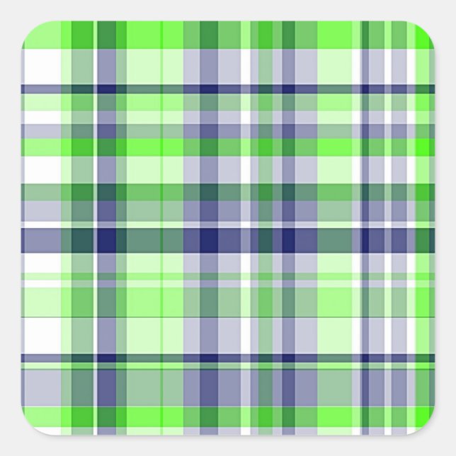 Lime Green, Navy Blue, White Preppy Madras Plaid Square Sticker (Front)