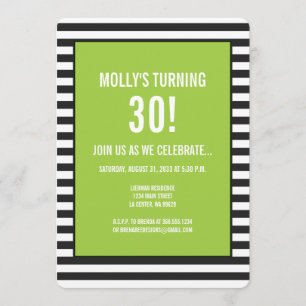 Lime Green on Black and White Stripe Party Invitation