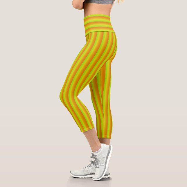 Lime Green, Orange and Yellow Neon Striped Capri Leggings (Left)
