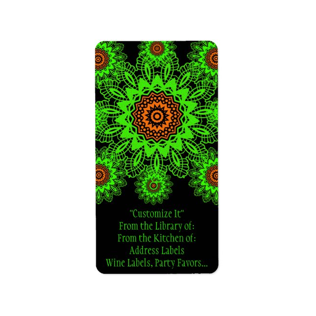 Lime Green Orange Black Lace Doily Mandala Snowfla Label (Front)