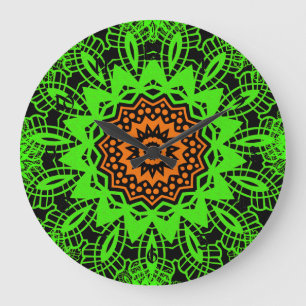 Lime Green Orange Black Lace Doily Mandala Snowfla Large Clock