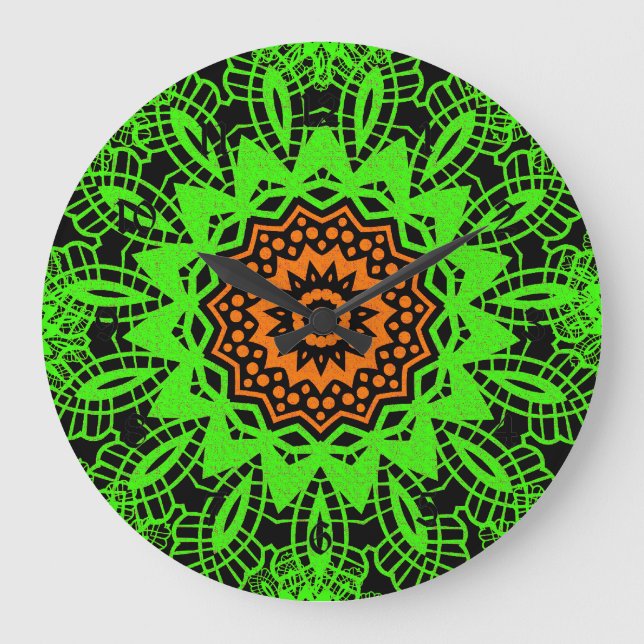 Lime Green Orange Black Lace Doily Mandala Snowfla Large Clock (Front)