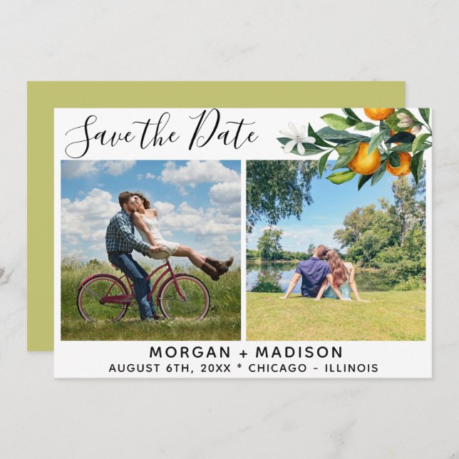 Lime Green Oranges Save the Date Photo Announcement (Front/Back)