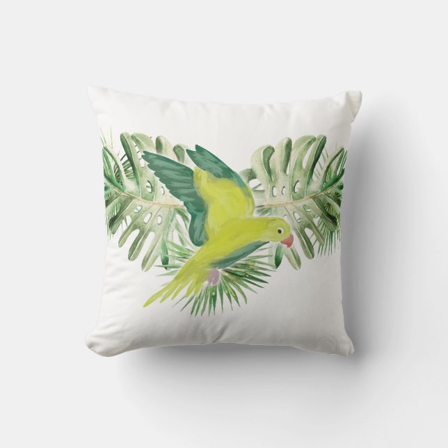 Lime Green Parrot with Tropical Leaves Cushion (Front)