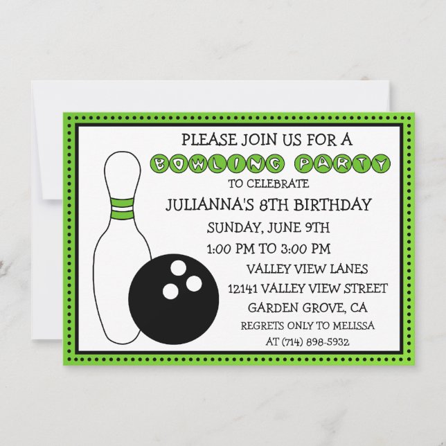 Lime Green Party Down the Lane Bowling Party Invitation (Front)