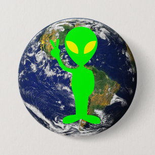 Lime Green Peace Sign Alien & Earth Round Button