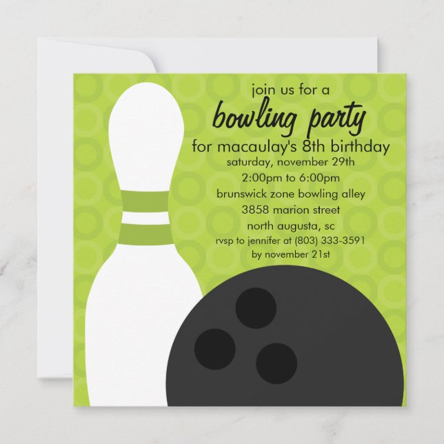 Lime Green Pin Pals Bowling Birthday Party Invitation (Front)