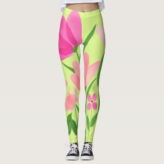 Lime Green- Pink Floral Leggings (Front)