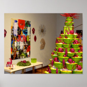Lime Green & Pink Jingle Bowls Christmas Tree Poster