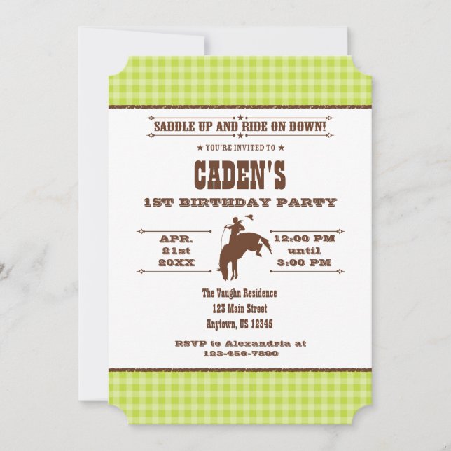 LIme Green Plaid Cowboy Rodeo Birthday Invitation (Front)