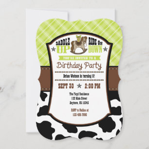 Lime Green Plaid Cowhide Cowboy Birthday Invite
