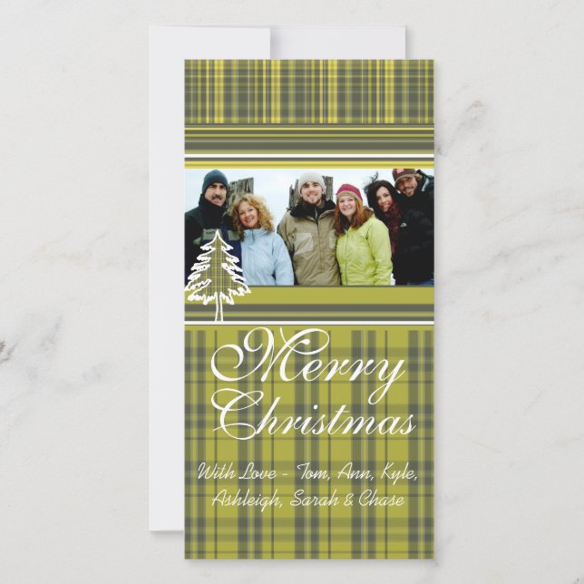 Lime Green Plaid Pine Tree Holiday Family Photo Card (Front)