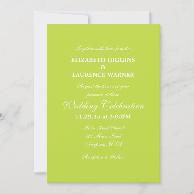 Lime Green Plain Simple Wedding Invitation (Front)