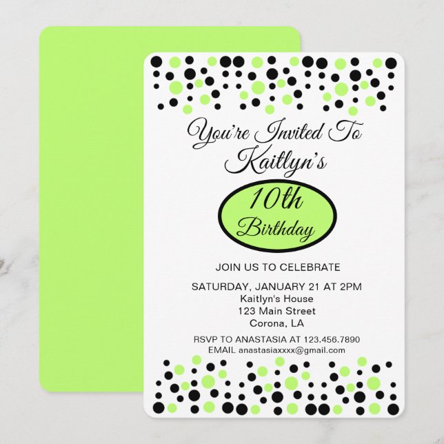 Lime Green Polka Dot Birthday Party Invitation (Front/Back)