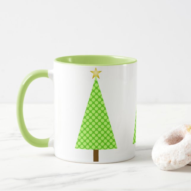 Lime Green Polka Dot Retro Modern Christmas Tree Mug (With Donut)