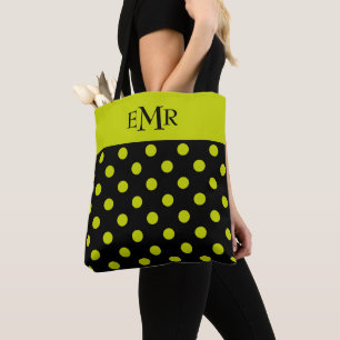 Lime Green Polka Dots on Black Monogram Tote Bag
