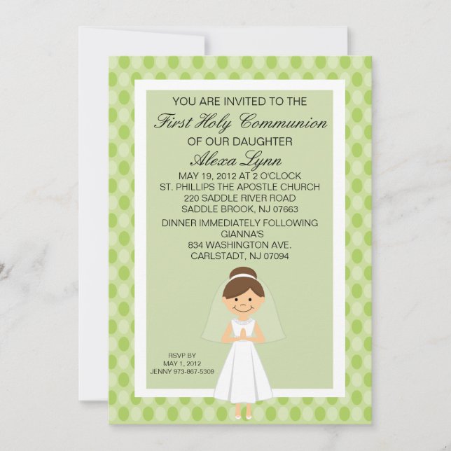 Lime Green Pretty First  Communion Girl Invitation (Front)