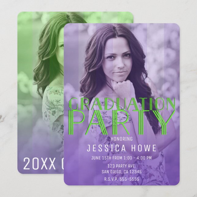 Lime Green Purple Graduation Party Graduate Photo Invitation (Front/Back)