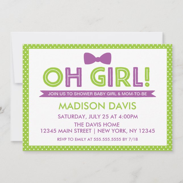Lime Green & Purple Polka Dot Oh Girl Baby Shower Invitation (Front)