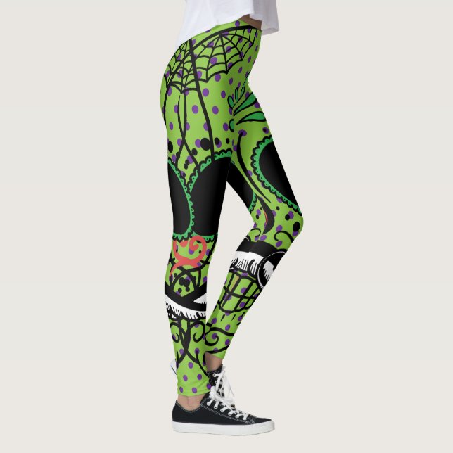 Lime Green Purple Polka Dots Sugar Skull Leggings (Right)