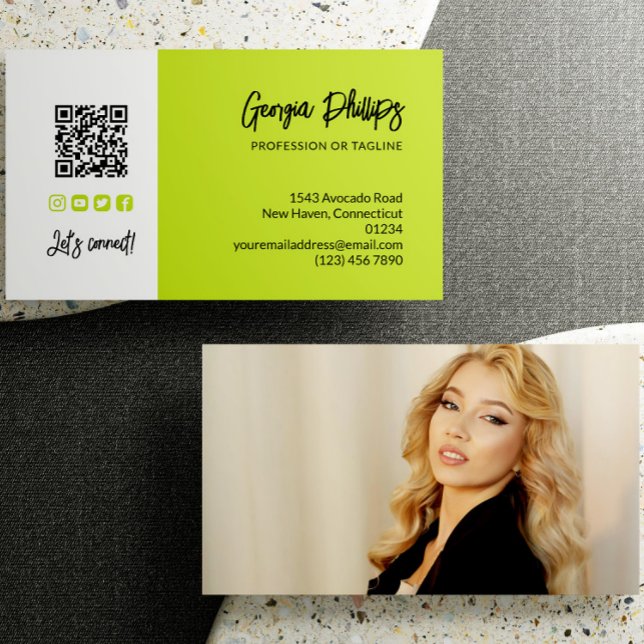 Lime Green QR Code Photo Social Media Icons Business Card (Creator Uploaded)