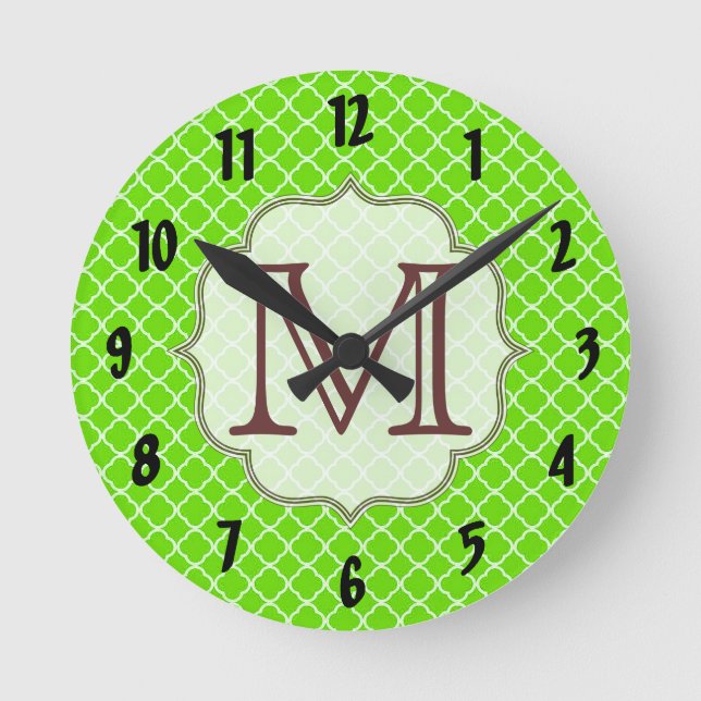 Lime Green Quarterfoil Latti Monogram Wall Clock (Front)