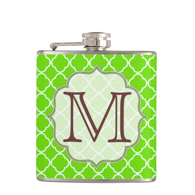Lime Green Quarterfoil Monogram Whiskey Flask (Front)
