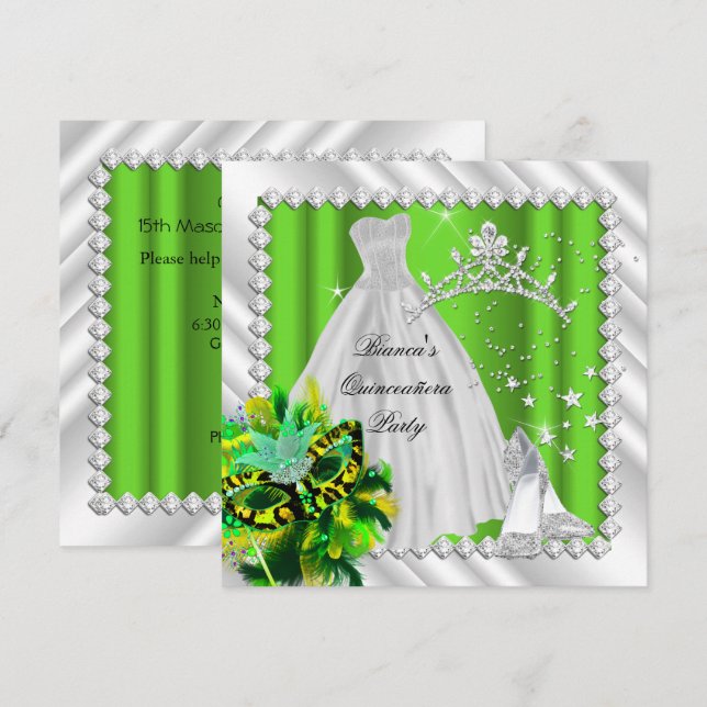Lime Green Quinceanera 15th Masquerade Party Invitation (Front/Back)