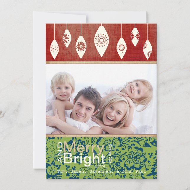 Lime Green Red Merry and Bright Family Photo Card (Front)
