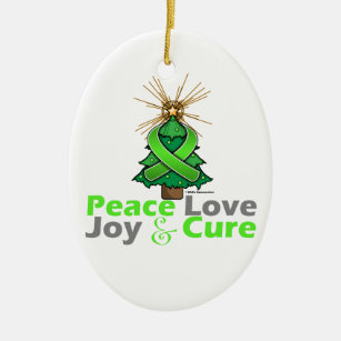 Lime Green Ribbon Christmas Peace Love, Joy & Cure Ceramic Tree Decoration