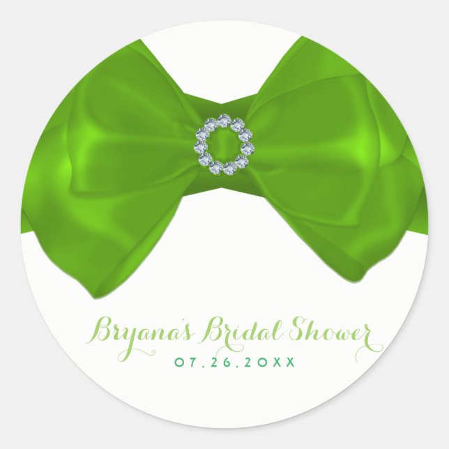 Lime Green Ribbon & Diamonds Bridal Shower Elegant Classic Round Sticker (Front)