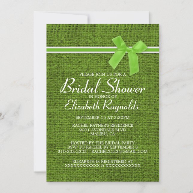 Lime Green Rustic Burlap Bridal Shower Invitations (Front)