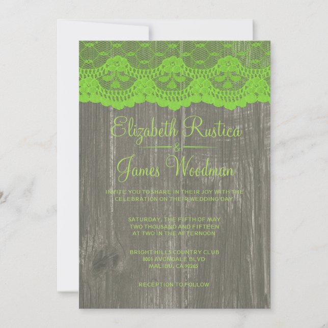 Lime Green Rustic Lace & Wood Wedding Invitations (Front)