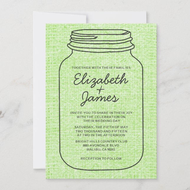 Lime Green Rustic Mason Jar Wedding Invitations (Front)