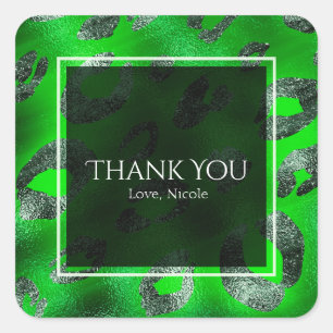 Lime Green & Silver Leopard Print Party Favour Square Sticker