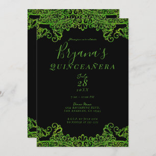 Lime Green Sparkle Glitter Black Quinceañera   Invitation