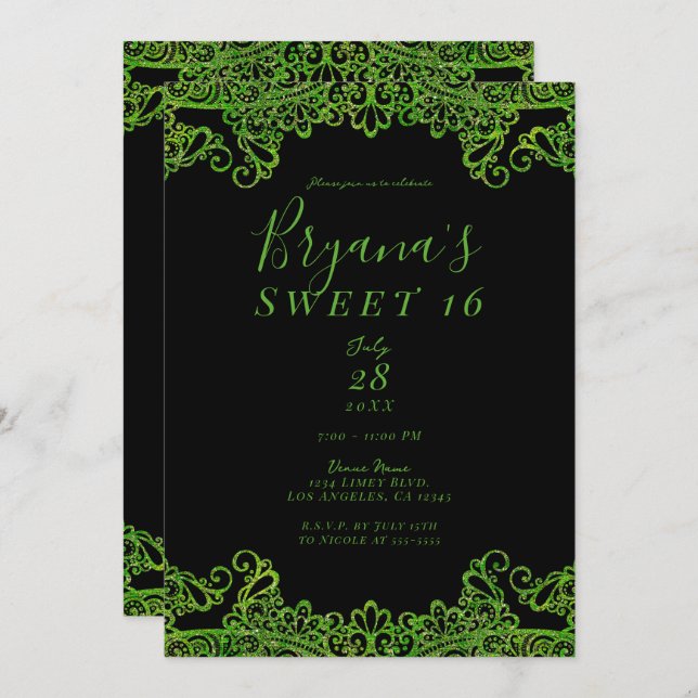Lime Green Sparkle Glitter Black Sweet 16 Party  Invitation (Front/Back)
