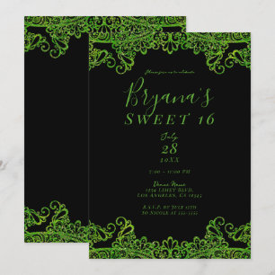 Lime Green Sparkle Glitter Black Sweet 16 Party  Invitation