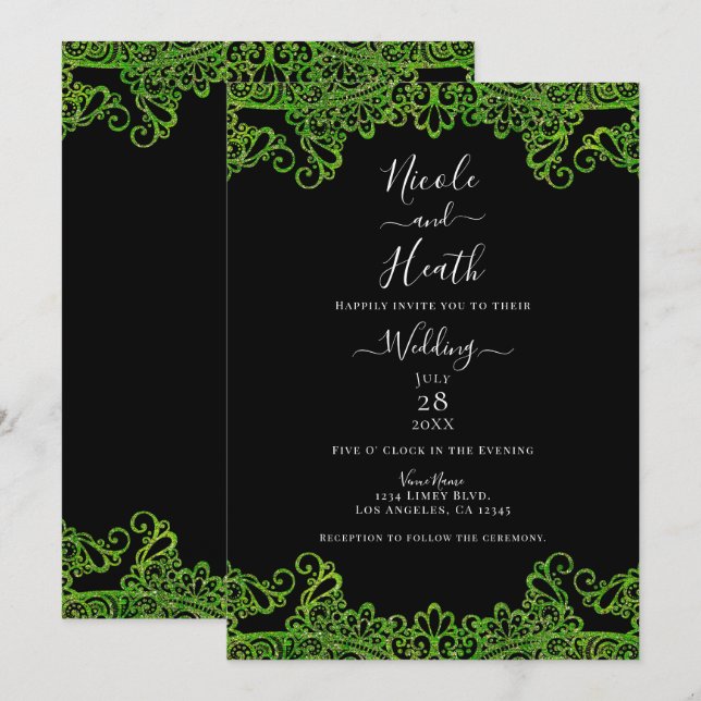 Lime Green Sparkle Glitter Lace Black Wedding  Invitation (Front/Back)